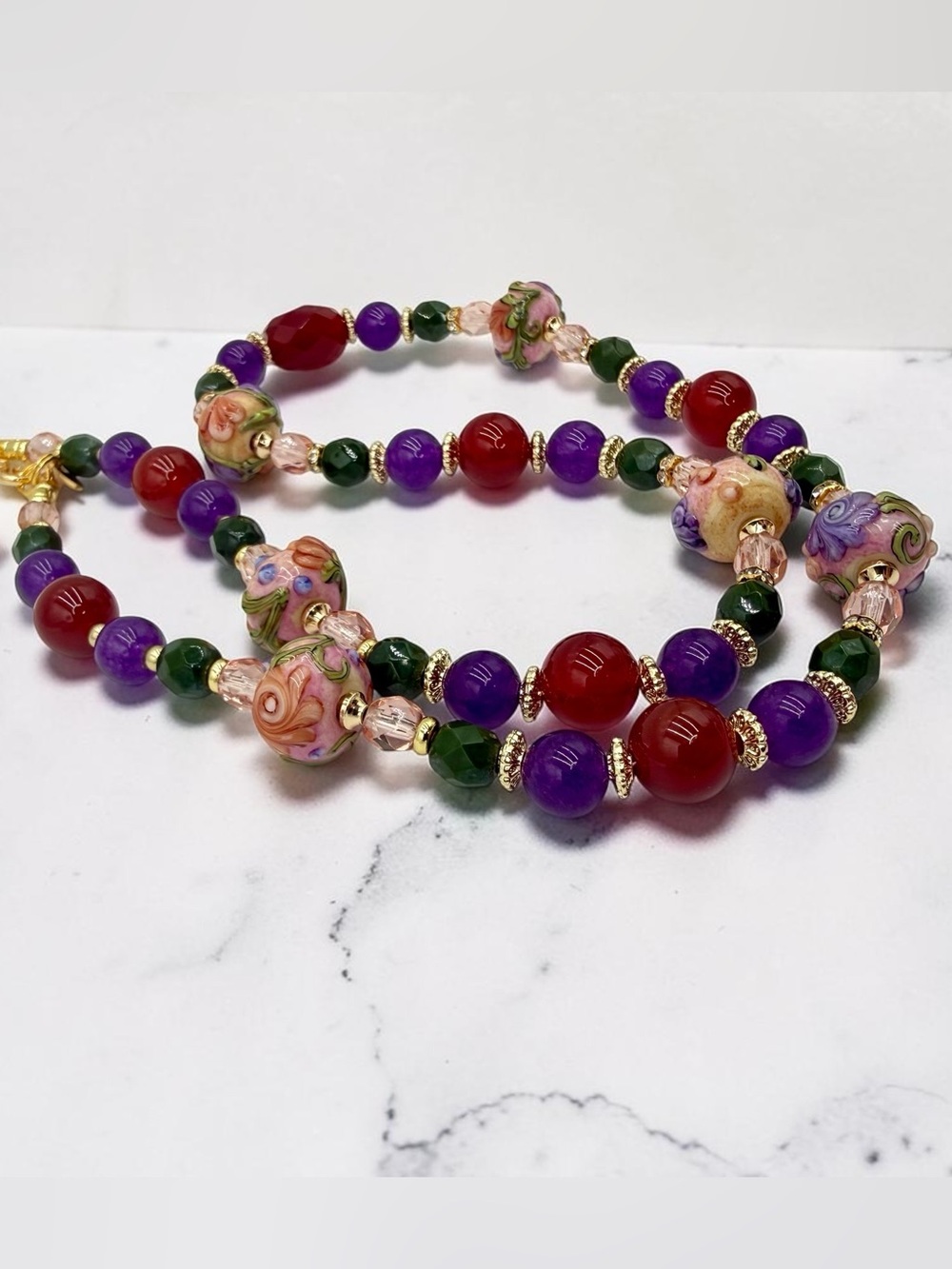 Artisan Handmade Amethyst Carnelian Lampwork Floral Necklace 20” Gold Floral Lux - Picture 15 of 17